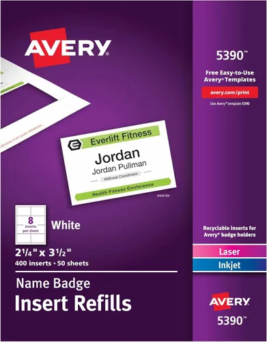Vista 8 de Avery Insertos personalizables para insignias de nombre, 2.25 x 3.5 pulgadas, blanco, 400 etiquetas de nombre imprimibles (5390) (paquete de 5)