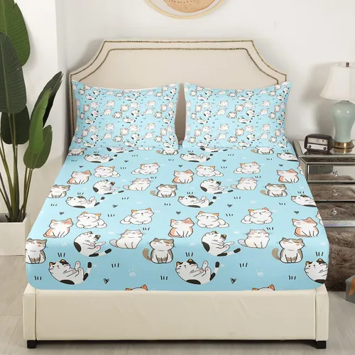 Vista 4 de Erosebridal Juego de sábanas con diseño de gato tamaño individual, sábana encimera Kawaii Garfield para niños y niñas, sábanas con huellas de patas