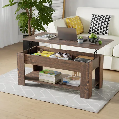Vista 9 de BLKMTY Mesa auxiliar con mesa elevadora, mesa auxiliar multifuncional con compartimento oculto y estante de almacenamiento, mesa de centro de madera