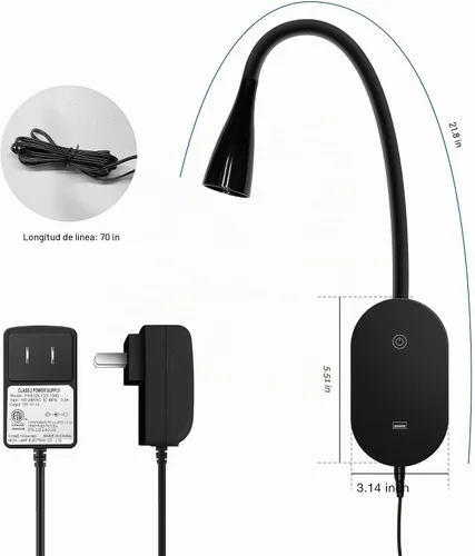 Vista 5 de Luz de lectura de pared, lámpara de libro para leer en la cama, lámpara de lectura moderna con salida USB y control táctil, 5 luces LED regulables