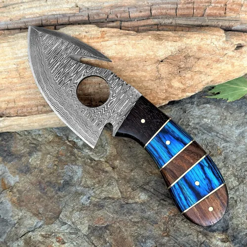 Vista 2 de WINTERFELL Cuchillo de acero de Damasco con gancho de tripa de hoja fija con mango de madera, cuchillo de caza de 7 pulgadas con funda de cuero
