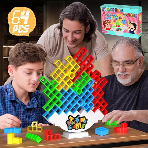 Vista 10 de BBnote Juego gigante XL de 48 piezas para adultos y niños, juegos de torre de mesa Tetra para fiesta de viaje familiar, juguete apilable