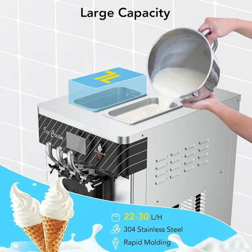 Vista 7 de Commercial 2450W Ice Cream Machine, 22-30 QT/H Yield, 3 Flavors Soft Serve Ice Cream Maker with 2×7L Hoppers, Soft Ice Cream Machine with LED Panel