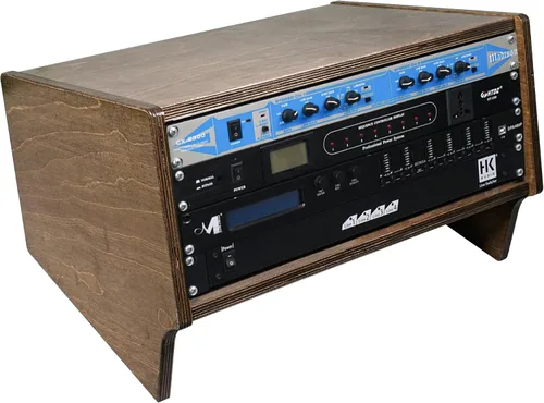 Vista 7 de Sound Town Estante de estudio de torreta de escritorio en ángulo de 4U con madera contrachapada maciza de abedul báltico, roble dorado, requiere