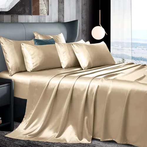 Vista 17 de Manyshofu Juego de sábanas de satén negro de 7 piezas, ropa de cama lujosa y suave de satén, 1 sábana bajera, 1 sábana encimera, 4 fundas