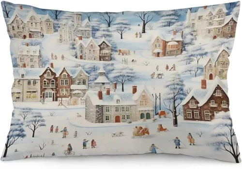 Vista 19 de Funda de almohada con escena de pueblo navideño con niños, fundas de almohada de 12 x 20 pulgadas, almohadas decorativas de Navidad para sofá, funda