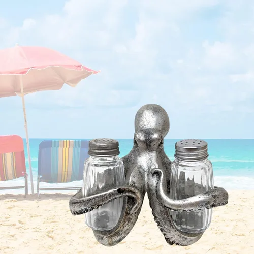 Vista 7 de BestGiftEver Juego de salero y pimentero náutico con soporte de pulpo plateado, decoración temática de playa, para entusiastas de la decoración