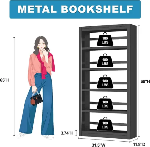 Vista 3 de Estantería de 69 pulgadas de alto, estantería de metal de 6 niveles, estantería industrial ajustable, estante de almacenamiento negro abierto