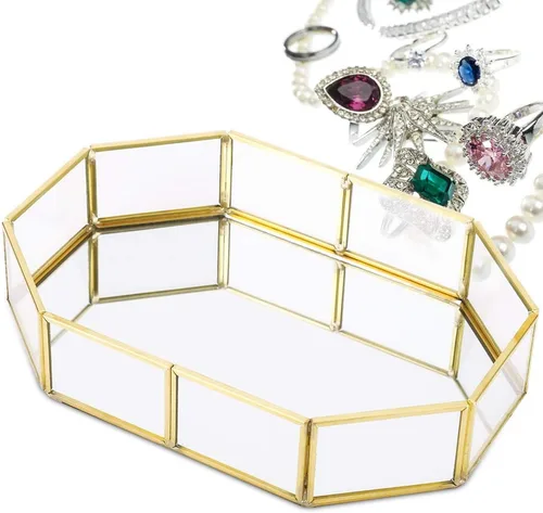 Vista 2 de Makeup Jewelry Organizer Mirrored Glass Tray, Small Size 8.1x5.6x1.7 Inch, Golden Brass Edging - Durable Material, Stylish Storage, Perfect for
