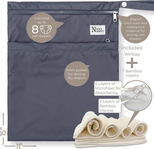 Vista 6 de Nora's Nursery Pañales de tela, paquete de 7 con 7 insertos y 1 bolsa húmeda, funda impermeable, lavable, reutilizable y pañales de bolsillo
