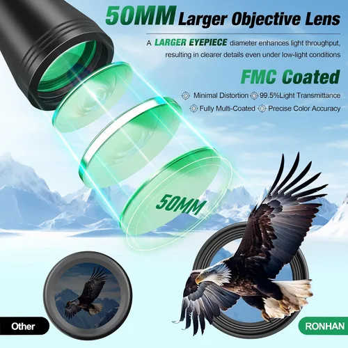 Vista 4 de RONHAN Prismáticos para adultos de alta potencia, militares HD profesionales/diarios, impermeables, 20x50, para observación de aves, viajes, caza