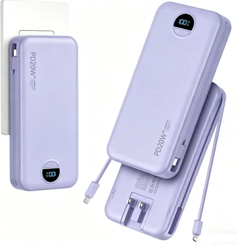 Vista 9 de Banco de poder aonidi de 12000mAh ultraportátil con cables y enchufe de pared AC incorporados, paquete de batería para teléfono celular con carga