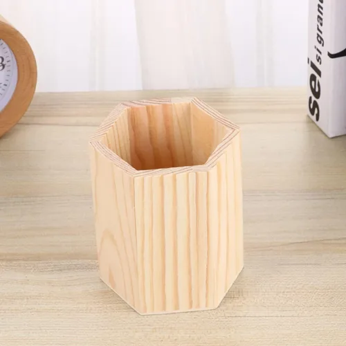 Vista 6 de Contenedor de almacenamiento de madera para bolígrafos y cepillos, organizador de tubo hexagonal, maceta sólida para oficina en casa para pintura