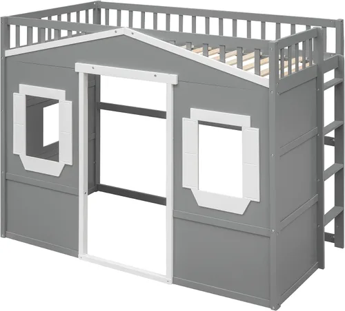 Vista 4 de Cama tipo loft de tamaño individual, cama individual de madera con escalera, gris+blanco