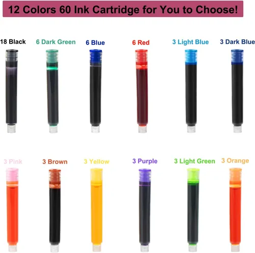 Vista 5 de Juego de plumas de caligrafía TIANREN, plumas estilográficas con 8 puntas reemplazables diferentes con 60 cartuchos de tinta (12 colores), juego