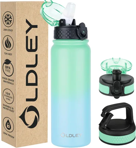 Vista 34 de Botella de agua aislada Oldley de 12 oz con pajita, botella de agua de acero inoxidable con 2 tapas, botellas de doble pared con vacío para adultos