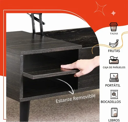 Vista 4 de WLIVE - Mesa de centro de madera con parte superior elevable, compartimento oculto y estante de almacenamiento ajustable, mesa elevable para comedor