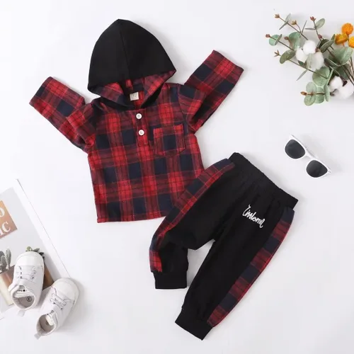 Vista 6 de Ropa para bebés pequeños, trajes de otoño e invierno, conjuntos de franela de celosía con botones de manga larga con capucha y pantalones