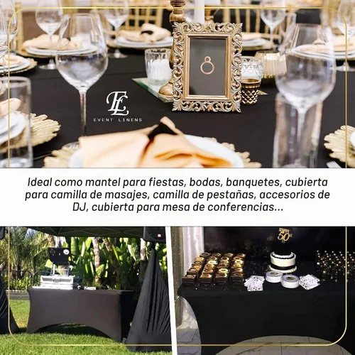 Vista 4 de Mantel rectangular de lino de elastano de 8 pies, funda ajustable para mesa plegable de 8 pies, ropa de cama de boda, paños de banquete, fundas Negro