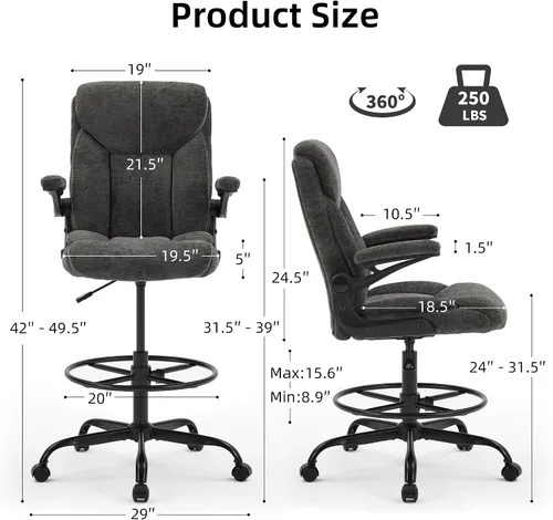 Vista 2 de Silla de dibujo de oficina gris - Silla de oficina alta de tela para Gris-h