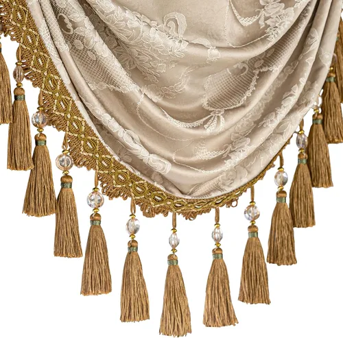 Vista 5 de Loom and Mill Cenefas de cascada de lujo para ventanas de 39 pulgadas de ancho, dorado y arena Elegantes cenefas de cortinas jacquard con borlas