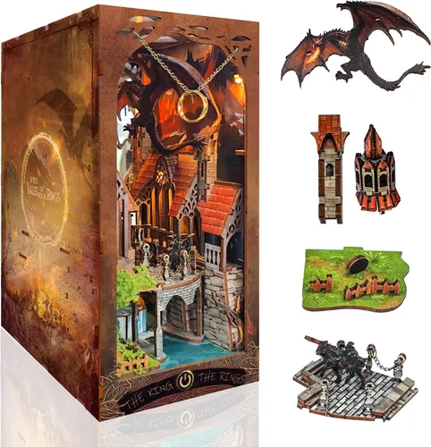 Vista 5 de Kit de rincón de libros con luces LED, casa de muñecas en miniatura 3D, rompecabezas de madera para adultos, decoración de sujetalibros, ideal