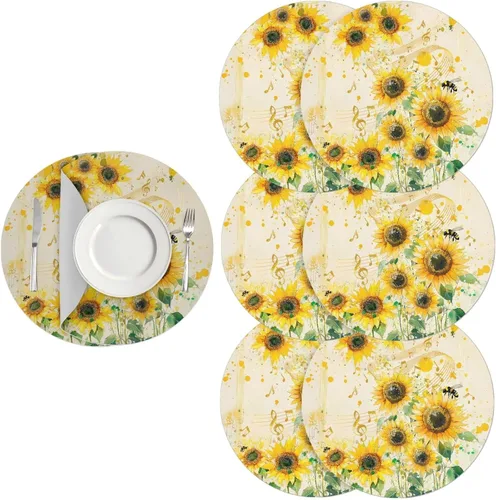 Vista 68 de Manteles individuales de cuero de girasol, lavables, redondos, impermeables y de fácil mantenimiento, decoración de cocina, accesorios de mesa