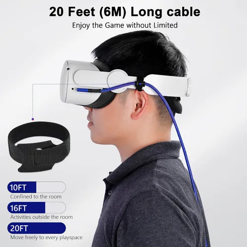 Vista 4 de Kuject Cable Link de 20 pies compatible con Quest 3S/3, Quest 2/Pro, Pico 4, accesorios trenzados de nailon para juegos Rift S/Steam VR, cable