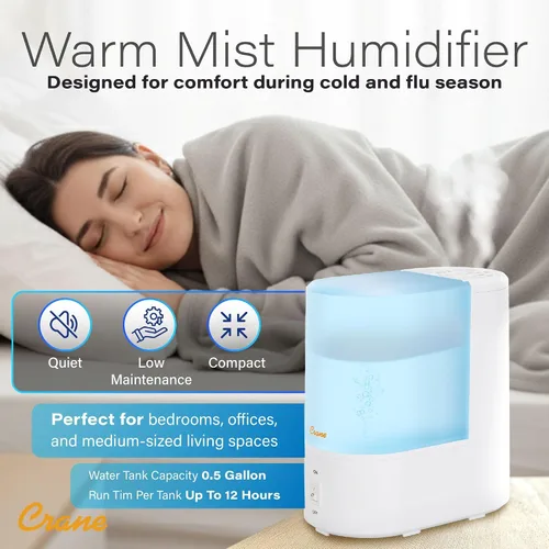Vista 5 de Crane Humidificador de niebla cálida, humidificador pequeño para dormitorio, oficina, bandeja de almohadilla de vapor, humidificadores de niebla