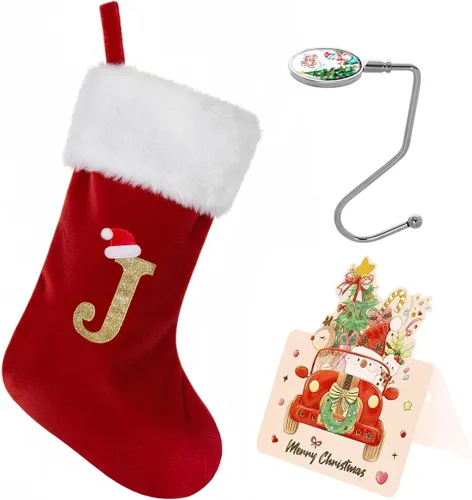 Vista 13 de Calcetines de Navidad personalizados con monograma, con inicial familiar, 20 pulgadas, puño de felpa blanca supersuave con cuerpo de terciopelo rojo