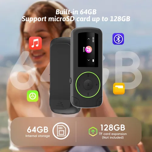 Vista 6 de Reproductor MP3 deportivo de 64 GB con clip y Bluetooth - Reproductor de música superligero con clip y auriculares, soporte MicroSD, repetición A-B