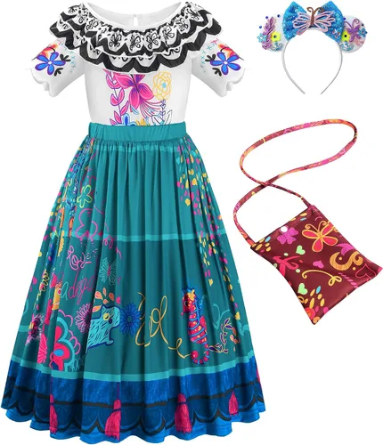 Vista 8 de Uplus ME Disfraz de princesa Mirabel, vestido de disfraz para niños, ropa de Halloween con bolsa, gafas, clips para las orejas