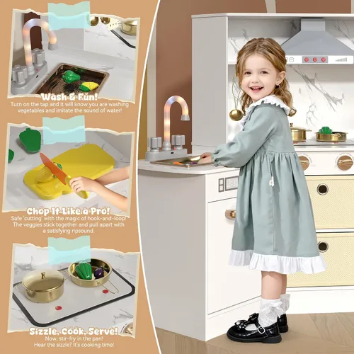 Vista 4 de BVIUNTWO Juego de juguetes de cocina, juego de cocina de madera para niños con luces y sonidos reales, estufa, fregadero, horno, máquina de hielo