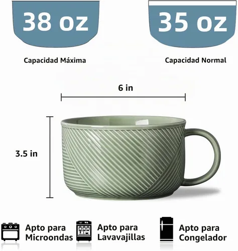 Vista 2 de Tazón de sopa de cerámica con asa, 38 oz apto para microondas Verde guisante