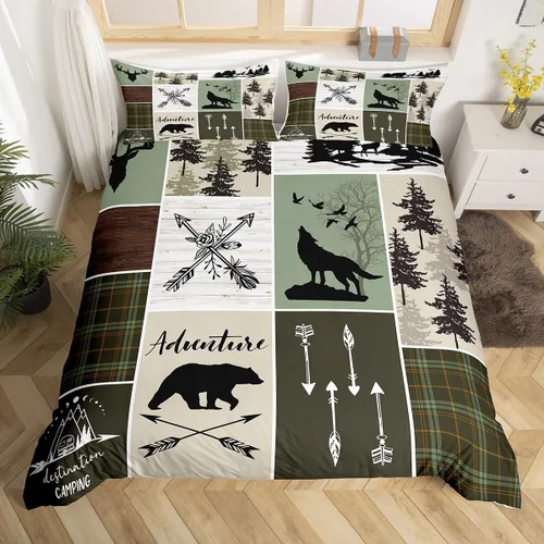 Vista 32 de Juego de funda de edredón para niños de ciervo, oso, lobo, tamaño individual, juego de ropa de cama de cabaña de aventura para niños, niñas