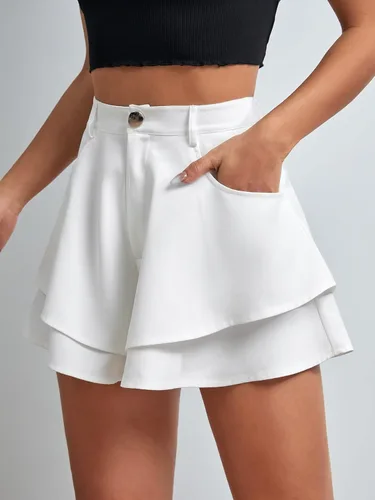 Vista 3 de Verdusa Mini pantalones cortos casuales de cintura alta con bolsillos para mujer