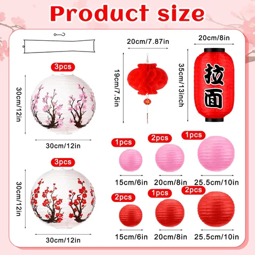 Vista 2 de Tuanse 40 linternas de papel japonesas chinas decorativas LED con flor de cerezo rojo chino para interiores y exteriores (rojo, rosa)