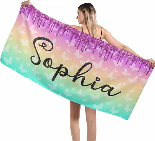 Vista 9 de MyPupSocks Toalla colorida personalizada para niños – Color arcoíris personalizada para viajes, playa, piscina y toallas de baño, toalla con nombre