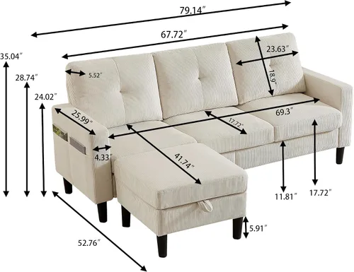 Vista 2 de Sofá modular convertible de 79 pulgadas, sofá pequeño en forma de L de 3 asientos con diván de almacenamiento y bolsillo lateral, sofá reversible