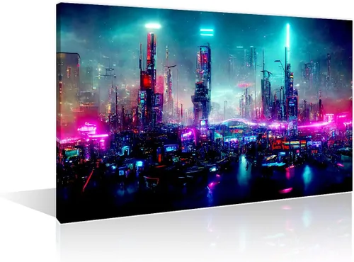 Vista 38 de 1 panel de cuadros de la ciudad de Cyberpunk, arte de pared, representación de vallas publicitarias, edificios modernos en la capital con obras