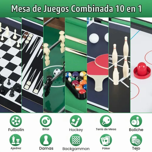 Vista 4 de Giantex 10-in-1 Multi Game Table, Combo Game Table Set w/Hockey, Foosball Pool Ping-Pong Chess Cards Checkers Bowling, Shuffleboard, Backgammon