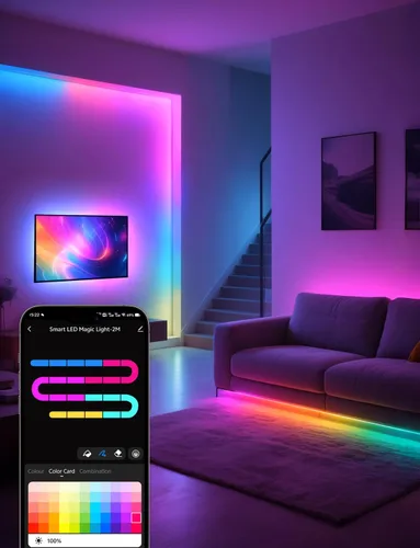 Vista 5 de Tira de luz LED RGB+IC, luz LED inteligente de 32.8 pies para dormitorio, control de aplicación Bluetooth, tira de iluminación LED que cambia