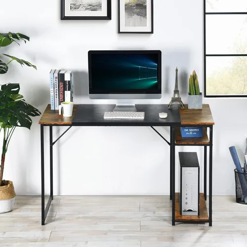 Vista 4 de FurnitureR Escritorio para computadora con estantes para espacios pequeños, escritorio simple para oficina en casa, escritorio de estudio Marrón