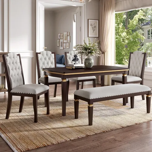 Vista 13 de Harper & Bright Designs 6-Piece Solid Wood Kitchen Dining Table Set, 60" Rectangular Table with 4 High-Back Tufted Upholstered Chairs & 1 Bench for
