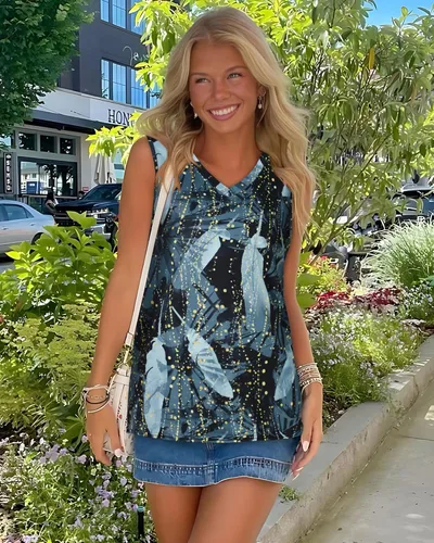 Vista 3 de Camisetas de verano para mujer, sin mangas, con cuello en V, ajuste holgado, casual, blusa tipo túnica