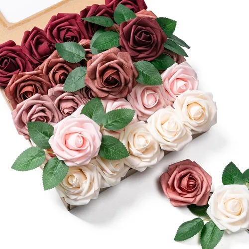 Vista 12 de Aegero Flores artificiales, 25 rosas falsas de espuma con tallos para ramos de boda, centros de mesa de despedida de soltera, arreglos, mesas