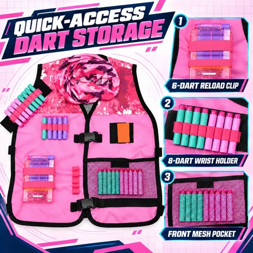 Vista 6 de Set de chaleco táctico rosa para niñas con pistola para Nerf Rebelle y N-Strike Elite Series con 30 dardos de recarga, clip de recarga rápida