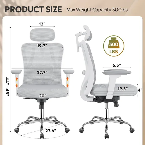 Vista 9 de DEVAISE - Silla ergonómica de oficina de malla con reposacabezas 3D ajustable y función de inclinación, silla reclinable grande y alta y cómoda