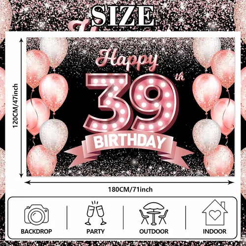 Vista 330 de Cartel de feliz cumpleaños décimo oro rosa, telón de fondo, saludos a 10 años, globos de confeti, decoración temática para niñas de 10 años
