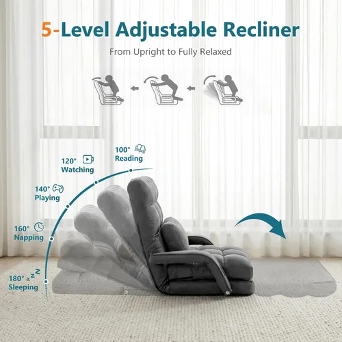 Vista 8 de Cómoda silla de piso con respaldo ajustable, sillas de sofá para juegos (gris) STHOUYN, 2 puertos de carga USB, interior, sofá perezoso, silla